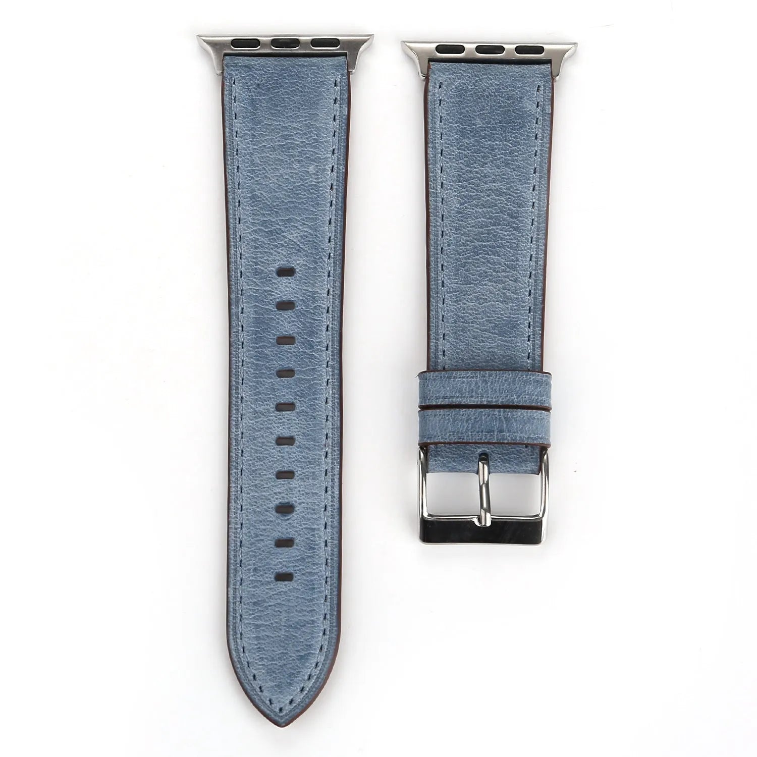 Leather watch strap with a folding buckle in blue, shown next to brown, green, orange, pink, and yellow colour options.
