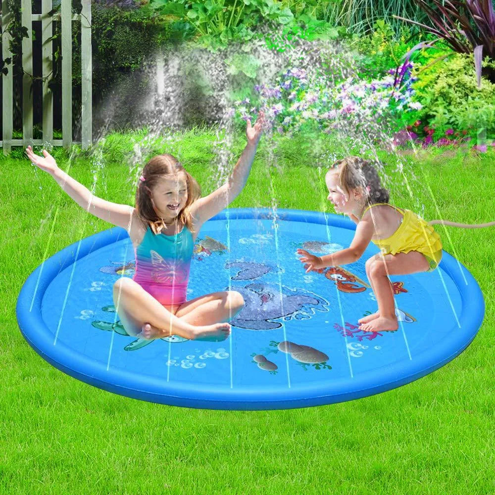 Blue PVC children's water spray play mat with marine animal prints measuring 100cm by 170cm