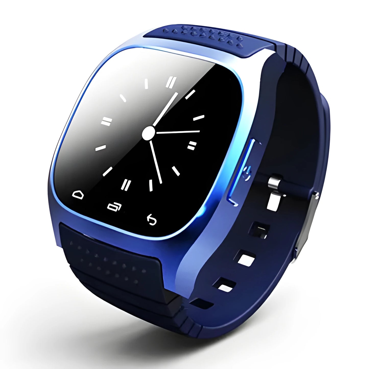Bluetooth sports watch in white, blue, or black compatible with Apple iPhone and Android smartphones