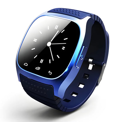 Bluetooth sports watch in white, blue, or black compatible with Apple iPhone and Android smartphones