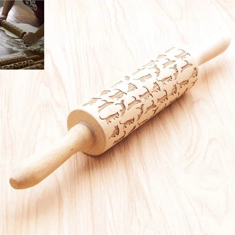 Festive rolling pin with embossed Christmas designs for easy imprinting on dough