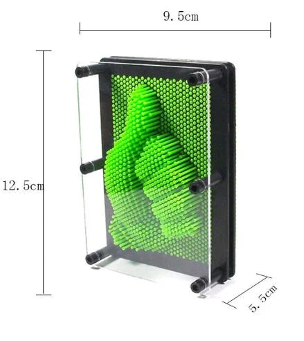 A customizable 3D sculpture impression frame with an array of pins that can capture the contours of any object pressed into it.
