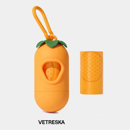 Dog poo bag dispenser capsule with roll of scented waste bags in strawberry, orange, or cherry blossom options
