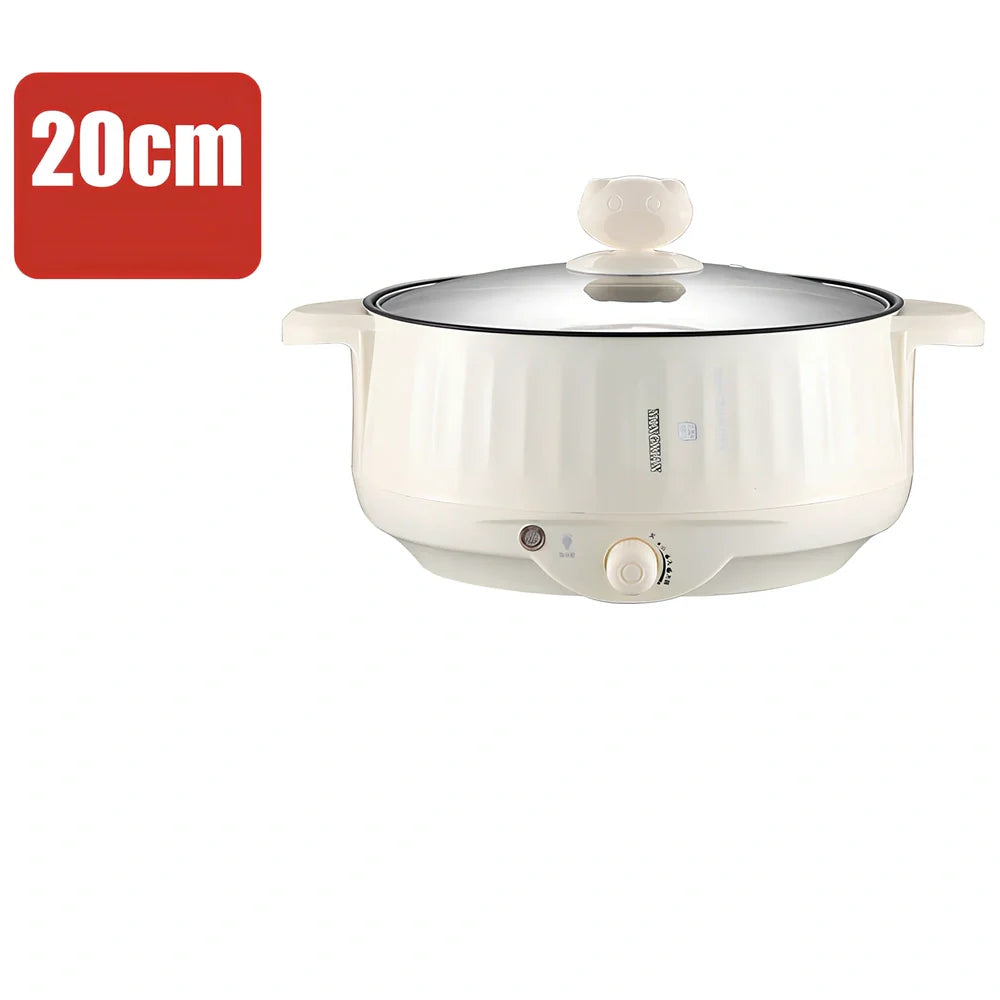 Beige 1.7L electric cooker with 20cm pot and 7cm steamer, 400/800W for boiling and steaming