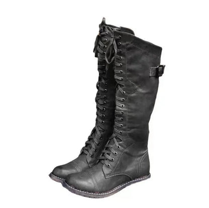 Chunky heel high leg boots in black with round toe and low 1-3cm heel