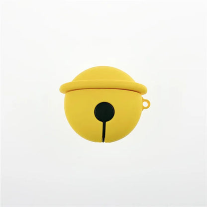 Yellow silicone protective case for AirPods 1 and 2 with a small bell charm attached.