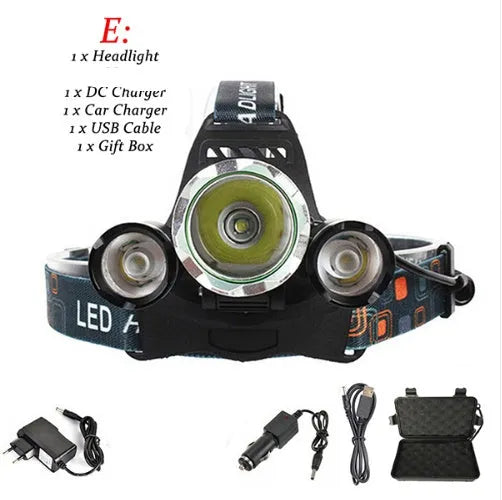 Rechargeable aluminium LED headlamp with adjustable elastic headband and Hawkeye lens.