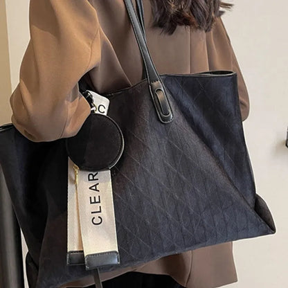 Women's large casual polyester shoulder tote bag in horizontal square shape with zippered inner pocket