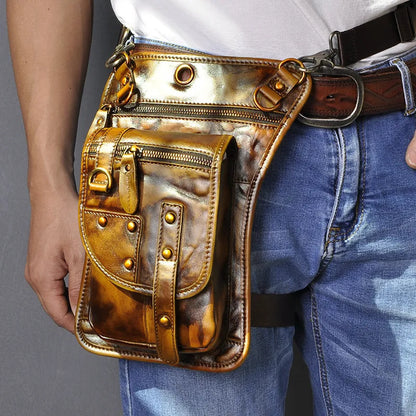 Men's black genuine cowhide leather fanny pack with zipper open showing internal phone and ID compartments