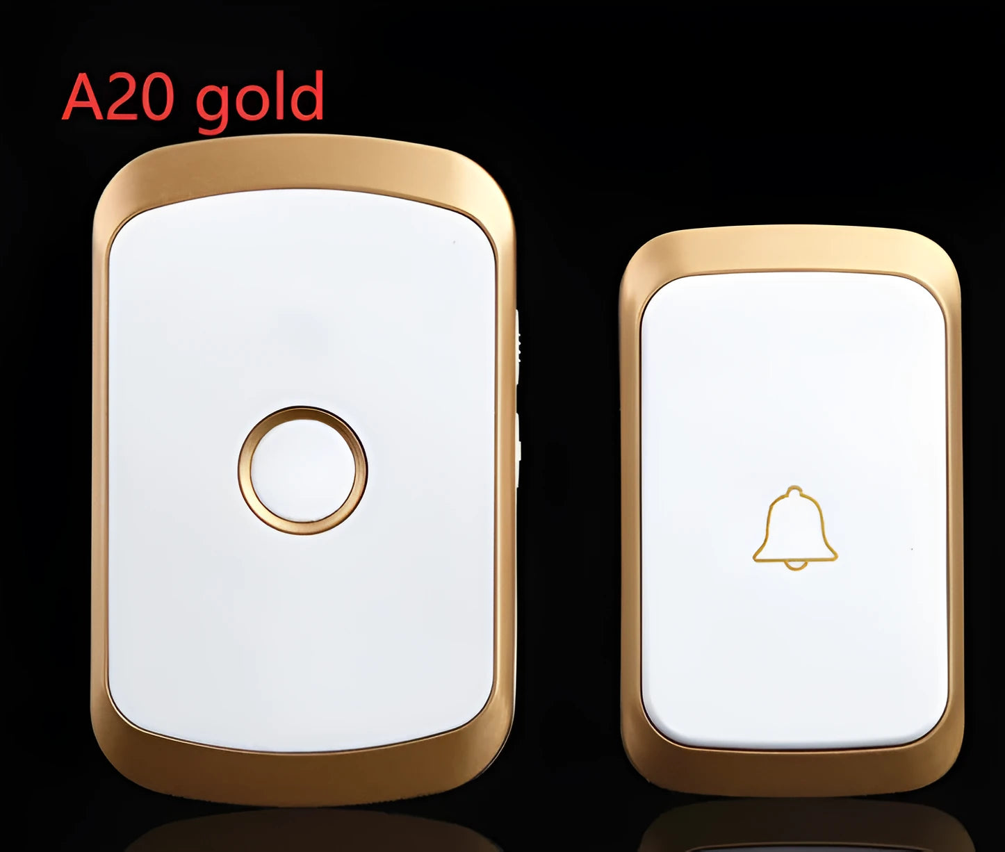 Wireless doorbell button and plug-in chime unit with 300m range, shown in silver finish.