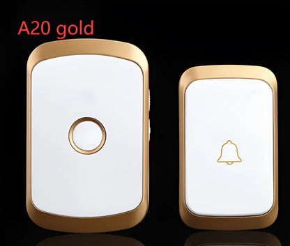 Wireless doorbell button and plug-in chime unit with 300m range, shown in silver finish.