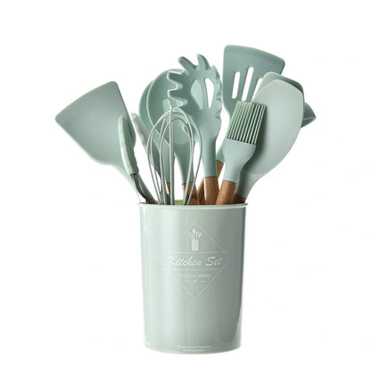 Premium silicone kitchenware set with wooden handle, ideal for cooking and baking