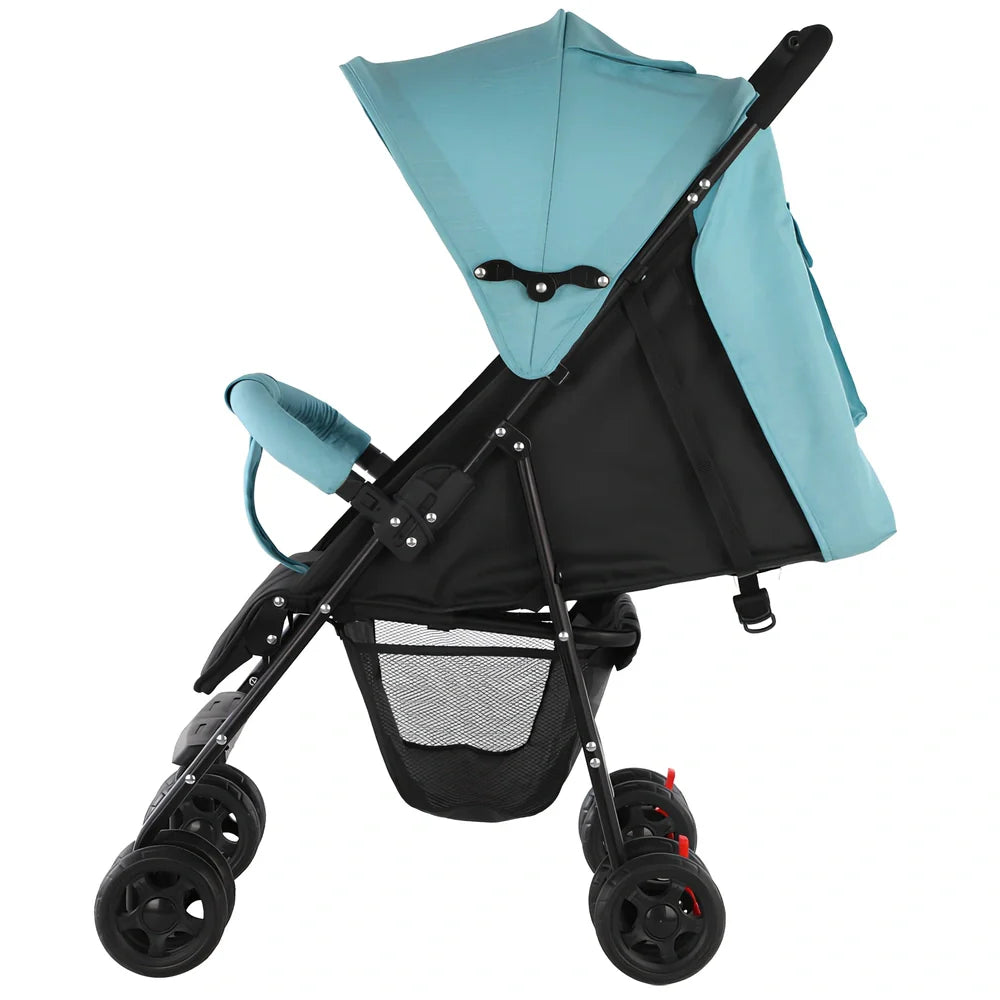 Lightweight baby stroller with carbon steel frame in purple colour showing extended sunshade