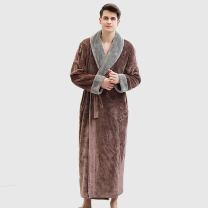 Men's winter long bathrobe in coral fleece, sleeveless no-collar, light grey navy blue brown, sizes M L XL.