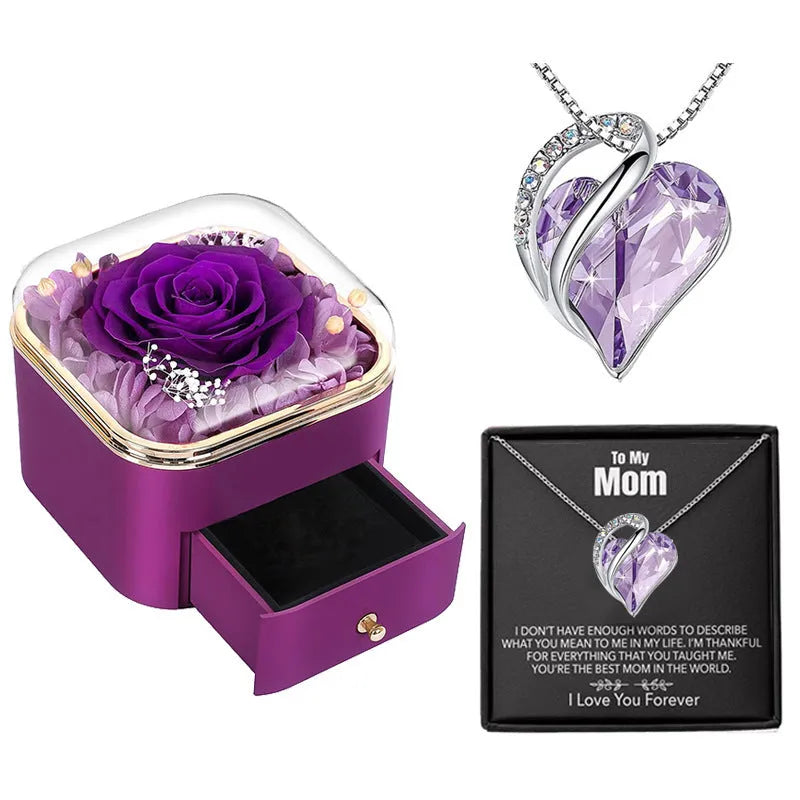 Valentine's Day rose flower drawer jewellery box with preserved eternal flowers and love crystal necklace gift set