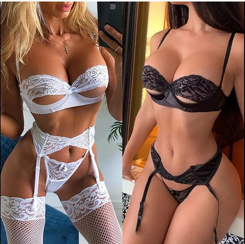 Black and white women's lingerie pajamas set showing front and back views