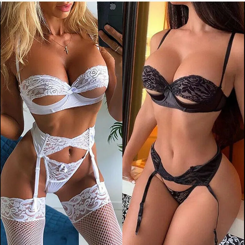 Women's sexy lingerie pajamas set in black or white available in Asian sizes S, M, L, XL with 2-3cm manual measurement tolerance