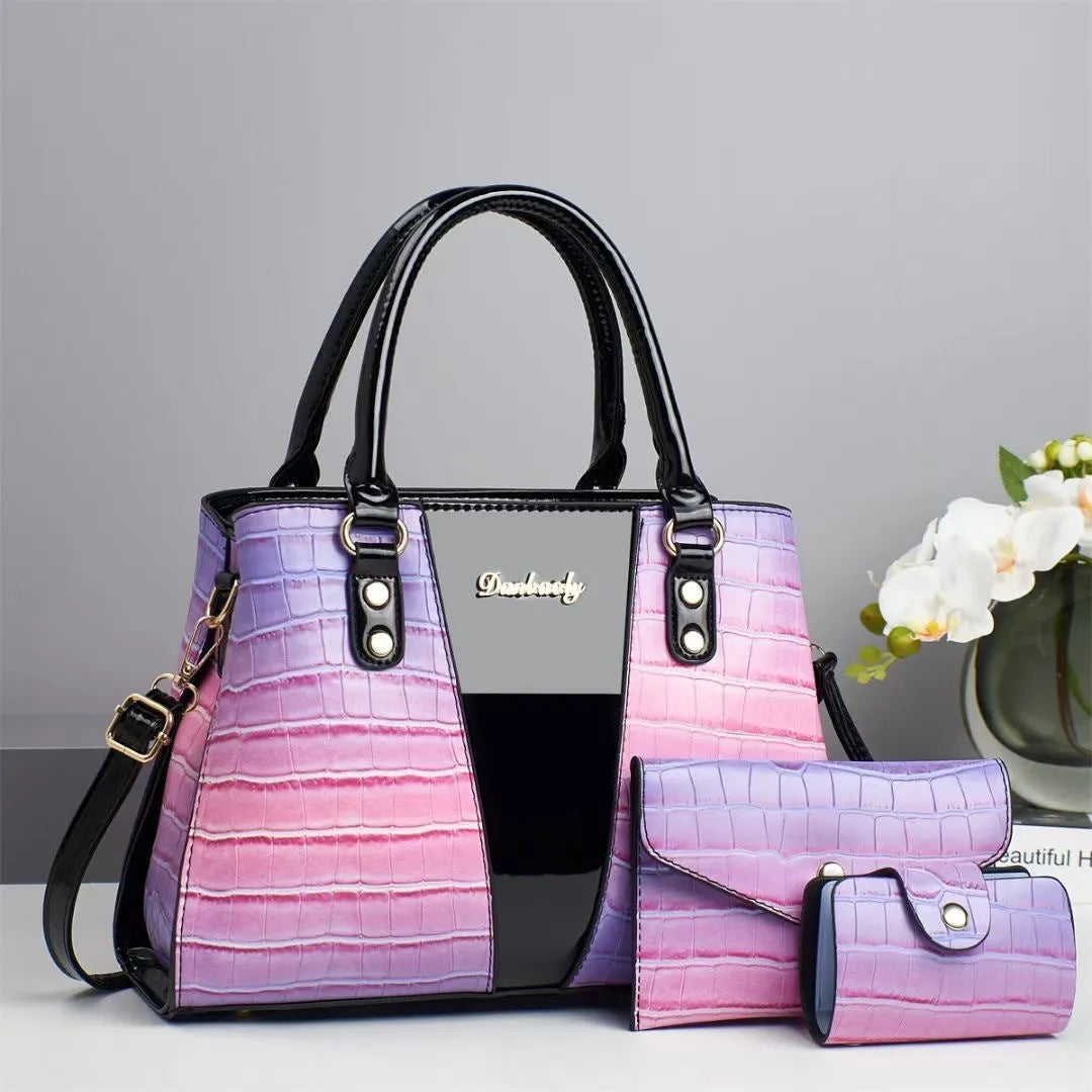 Women's three-piece crocodile stitch shoulder bag set in PU leather, showing main bag, small bag, and card holder.