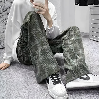Japanese retro plaid trousers in straight-leg design with mid-waist fit