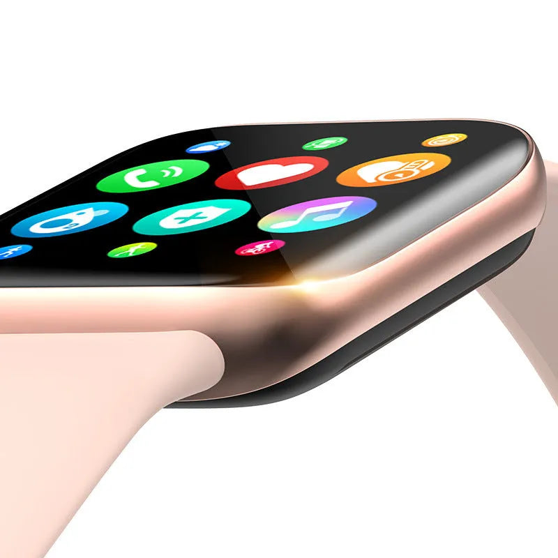 Smart bracelet with touch screen on a silicone wrist strap, showing Bluetooth call and blood pressure display.