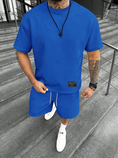 Men's short sleeve shorts suit in polyester blend fabric with printed pattern, sports leisure style