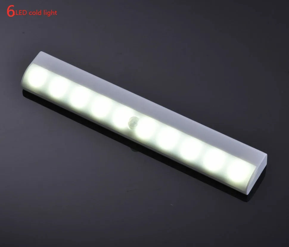 A matte aluminium LED closet light with a magnetic back, shown mounted inside a wooden wardrobe.