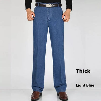 Men's high waist loose blue jeans with zip fly in light, medium and dark colour options