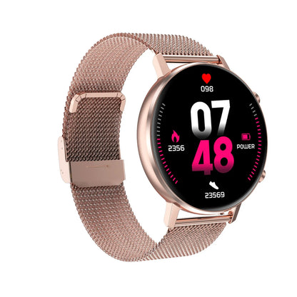 DT96 smart fitness bracelet with steel strap on a wrist, showing the 1.3-inch screen.