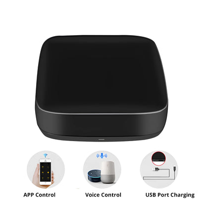Black universal infrared remote control device with voice control and WiFi connectivity features
