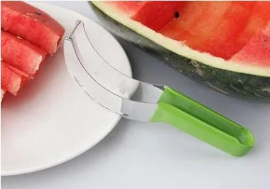 Silver stainless steel melon cutter for slicing watermelon and other large fruits.