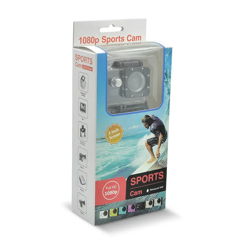 White waterproof sports camera next to its waterproof case and mounting accessory.