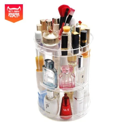 Rotating makeup organizer with detachable drawers in various finishes, including white, black, and transparent options