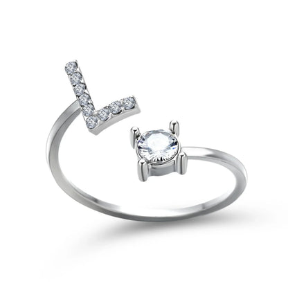 Personalized Initial Letter Crystal Ring with Adjustable Design in Gold, Silver, and Rose Gold Colors