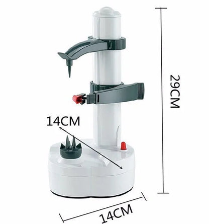 White electric fruit and vegetable peeler with stainless steel blades on a non-slip ABS base, showing adjustable needle and food holders