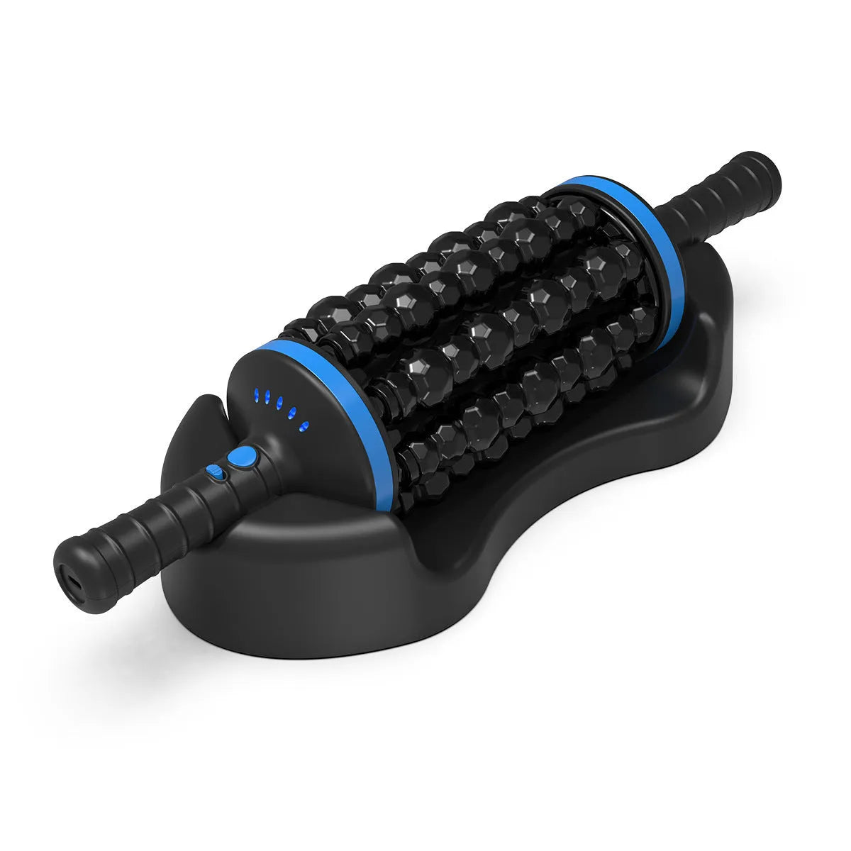 Handheld electric muscle massager in blue, grey or green colour with rolling head and multi-gear control.