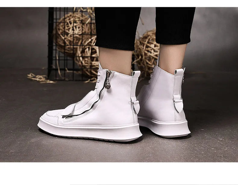 Men's black and white PU leather ankle boots in high-top sneaker style with microfiber upper, sizes 38-43