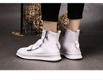 Men's black and white PU leather ankle boots in high-top sneaker style with microfiber upper, sizes 38-43