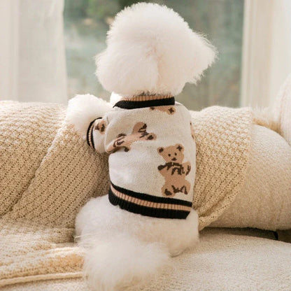 Cosy knitted pet jumper in classic British striped design, available in light blue, beige, and red colours