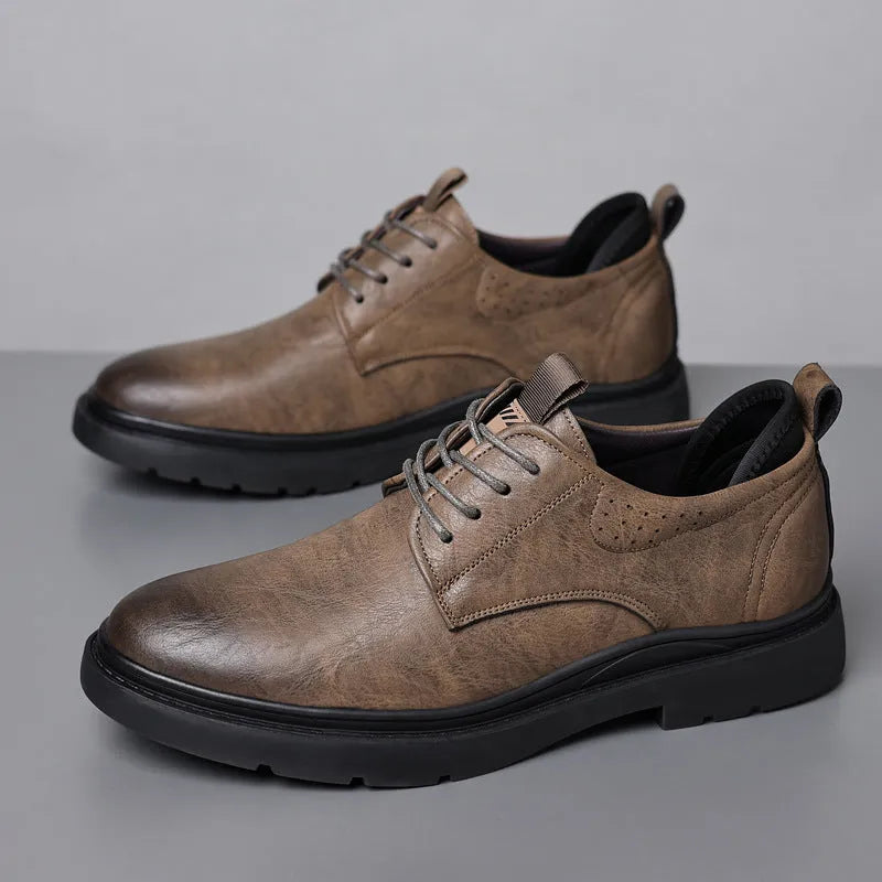 Men's black and brown leather shoes with rubber sole and sewing line detail for business and casual wear