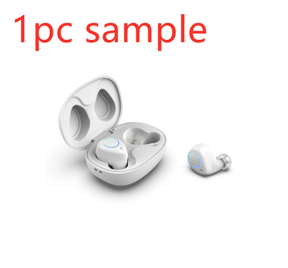 Black and white M18 true wireless in-ear headphones with a small rectangular charging case.