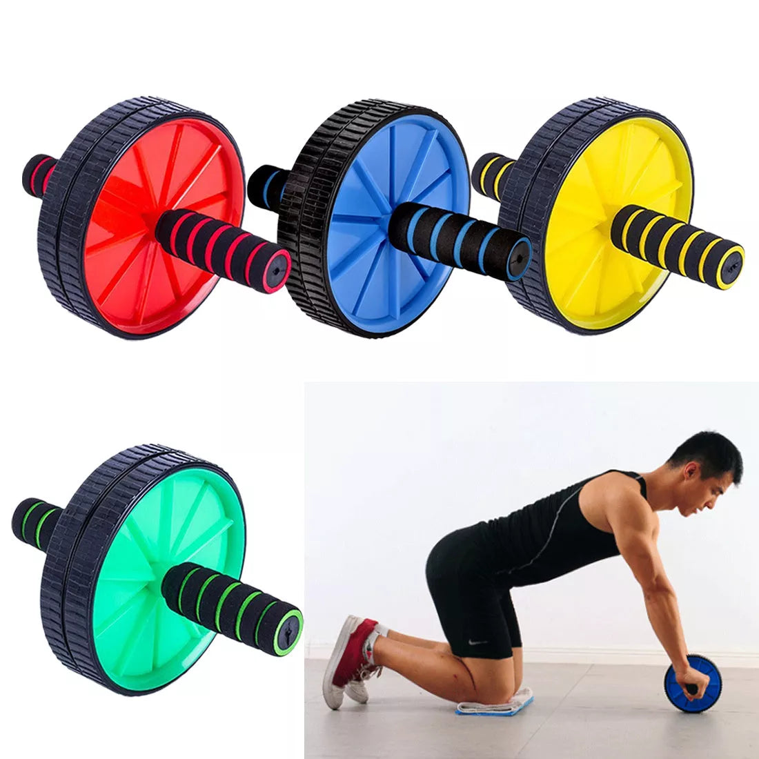 Double Wheel Abdominal Wheel in red, blue, green, and yellow for core exercises