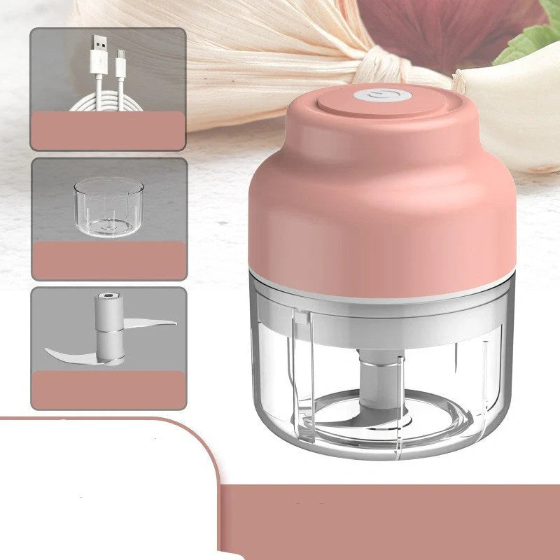 Compact USB rechargeable electric garlic masher in green, pink, and yellow
