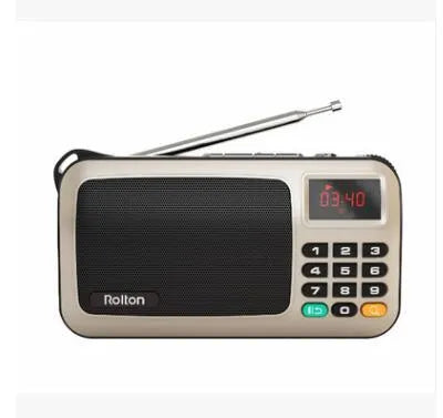 Rolton W405 portable FM radio MP3 speaker in gold, blue, or red with LED screen and carrying strap