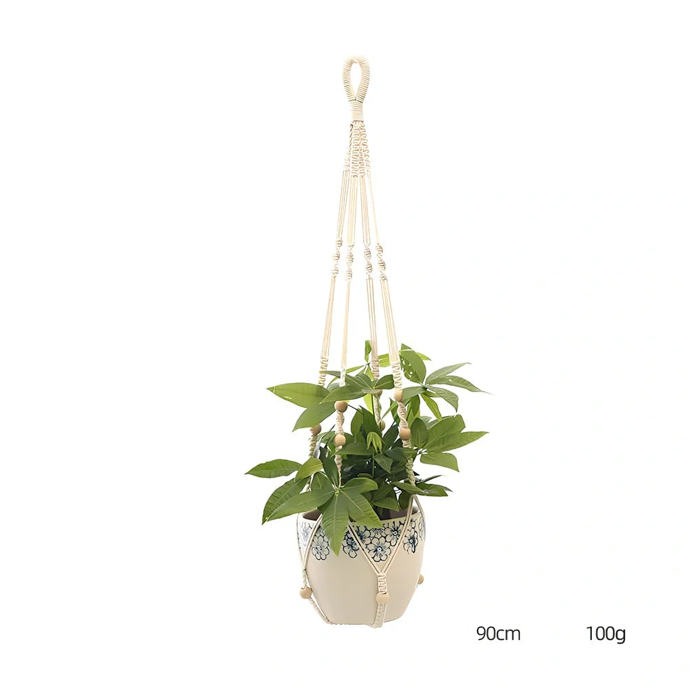 Hand-knitted cotton flowerpot net bag showing intricate pattern and hanging installation with plant