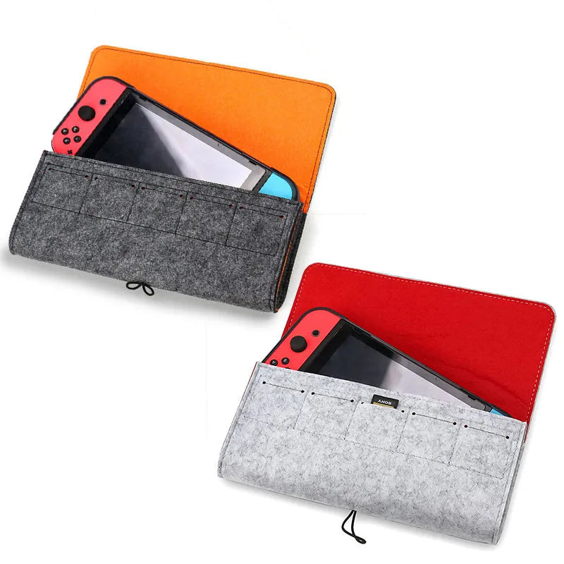 Black felt pouch bag for Nintendo Switch showing game card slots and double layer storage compartments