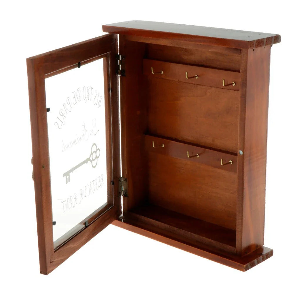 Vintage-style wooden key cabinet with 6 hanging hooks, available in blue and bronze colours