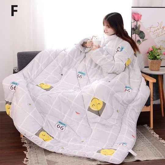 Cozy heated blanket with sleeves for comfortable lounging and hands-free relaxation