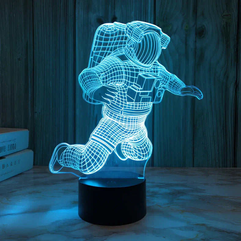 3D astronaut LED night light with USB plug showing dimensional design and compact bedside placement