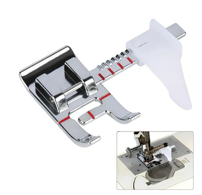 Regular sewing machine presser foot with red border guide for precise quilting measurements