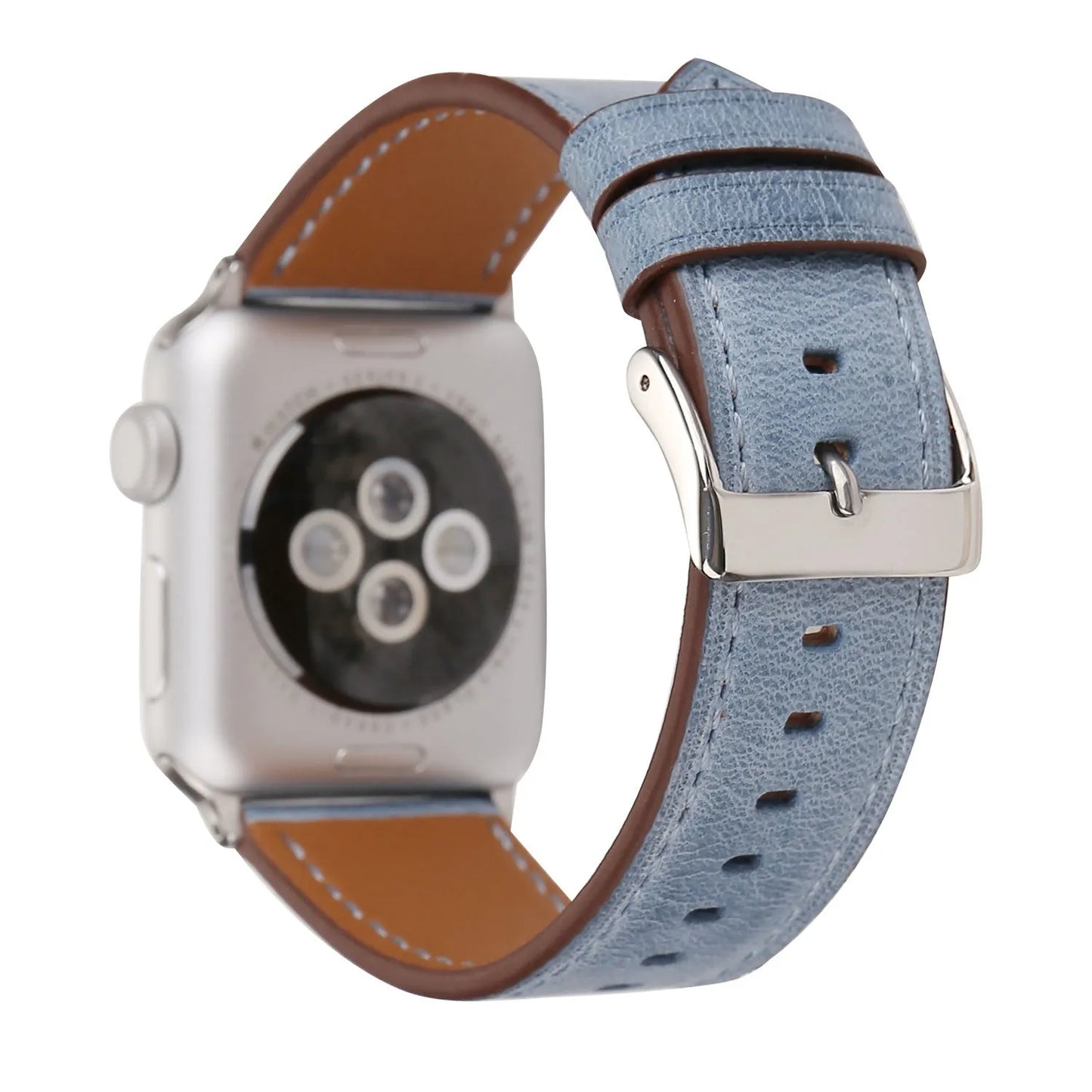 Leather watch strap with a folding buckle in blue, shown next to brown, green, orange, pink, and yellow colour options.